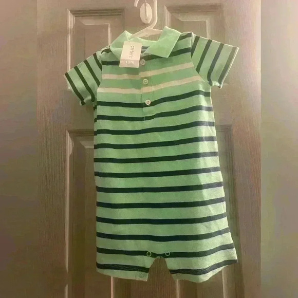 Carters NWT green with blue & white striped romper has snaps and collar 18 mths - Picture 1 of 11